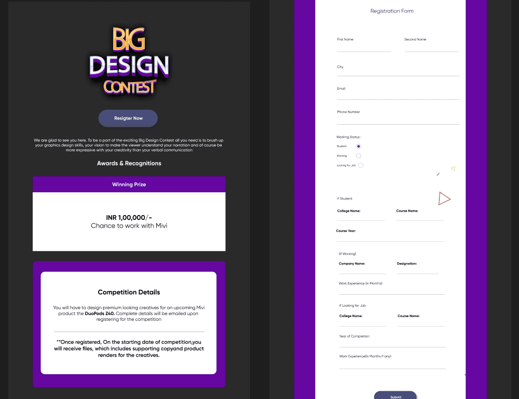 Mivi Big Design Contest landing page and registration form